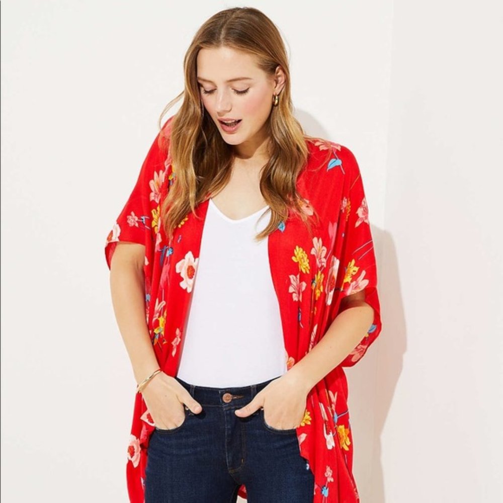 LOFT Red Floral Kimono Wrap